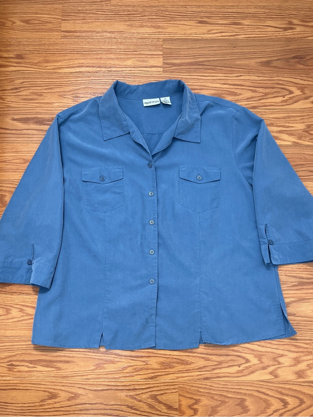 Vintage Blue Button Up Shirt 2X Oversized Soft Silky Long Sleeeve Women's Blazer